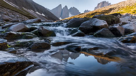 mountain stream with peaks reflection