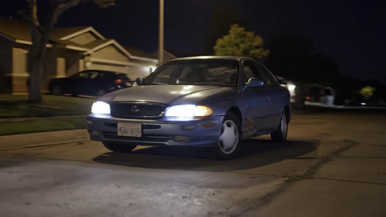 Nighttime Drive Through Suburban Streets: A Blue Sedan Navigates Quiet Roads While Illuminated Headlights Cut Through the Darkness