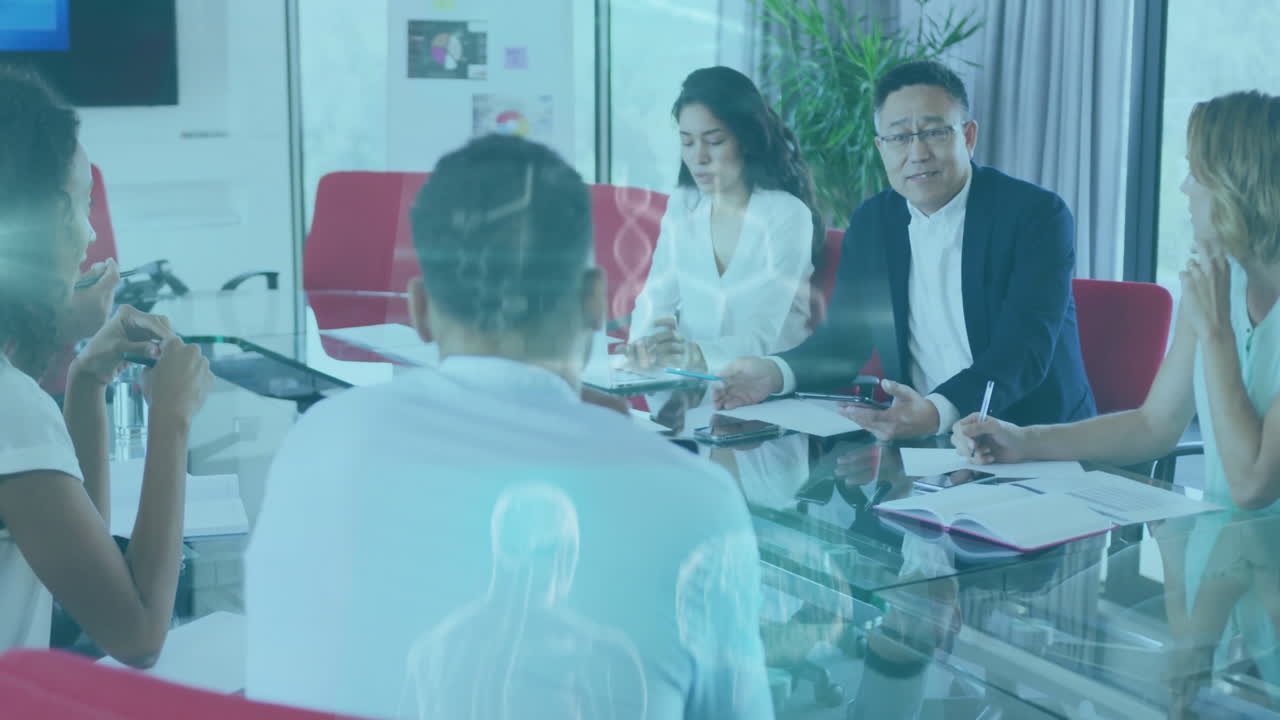 Discussing strategy, business team with DNA strand animation in meeting room