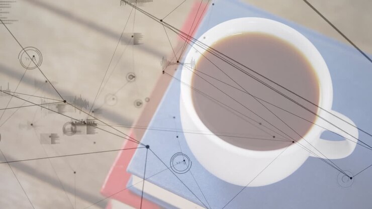 Coffee mug and books floating in 3D render top-down scene, showing digital data overlays