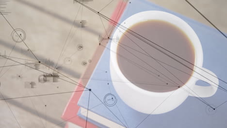 coffee mug and books floating in 3d render top-down scene, showing digital data overlays