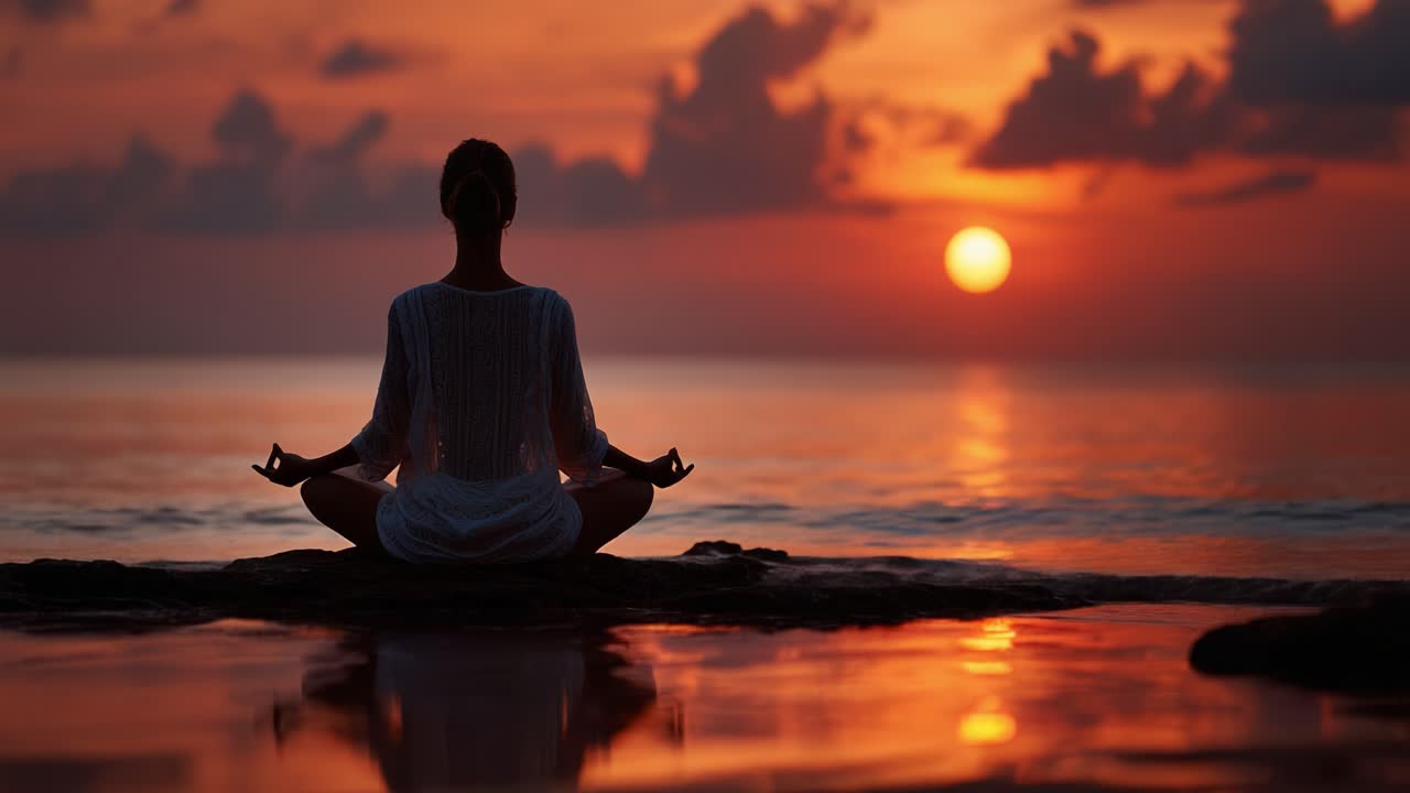 Tranquil Sunset Meditation: A Serene Journey into Inner Peace and Reflection by the Ocean's Edge as the Sun Sets, Embracing Nature's Beauty and Calmness