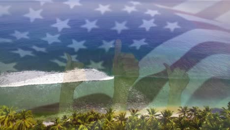 Digitale-Komposition-Schwenkender-US-Flagge-über-Händen,-Die-Daumen-Nach-Oben-Zeigen,-Vor-Der-Luftaufnahme-Der-Meereswellen