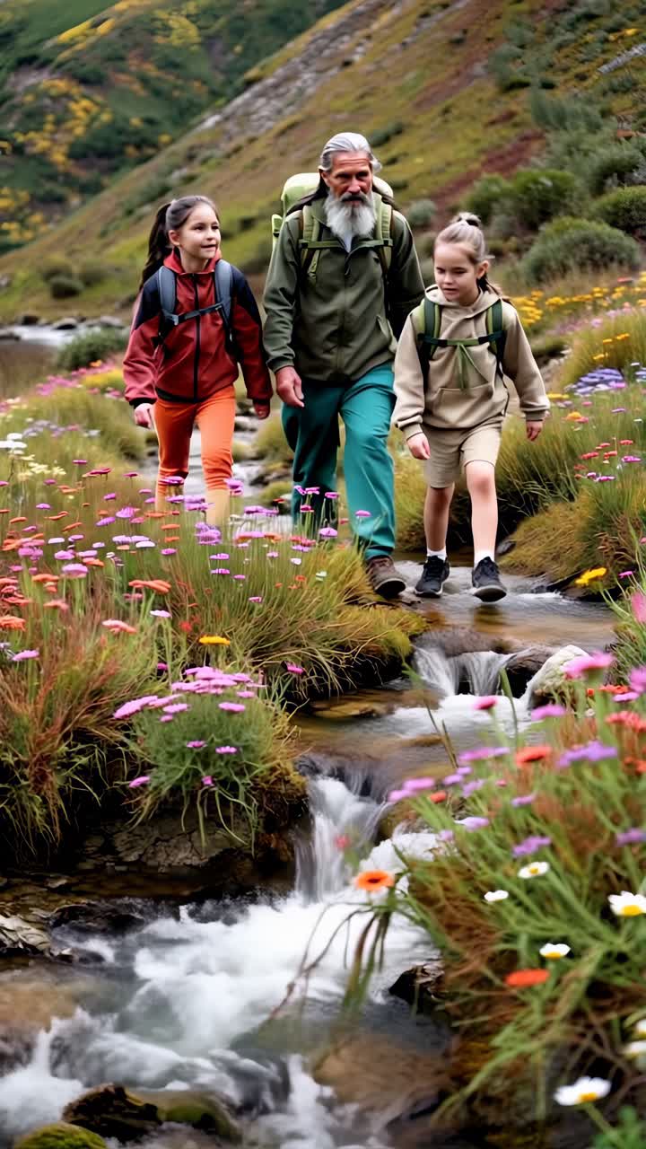 Outdoor bonding with grandpa and kids on a trail.