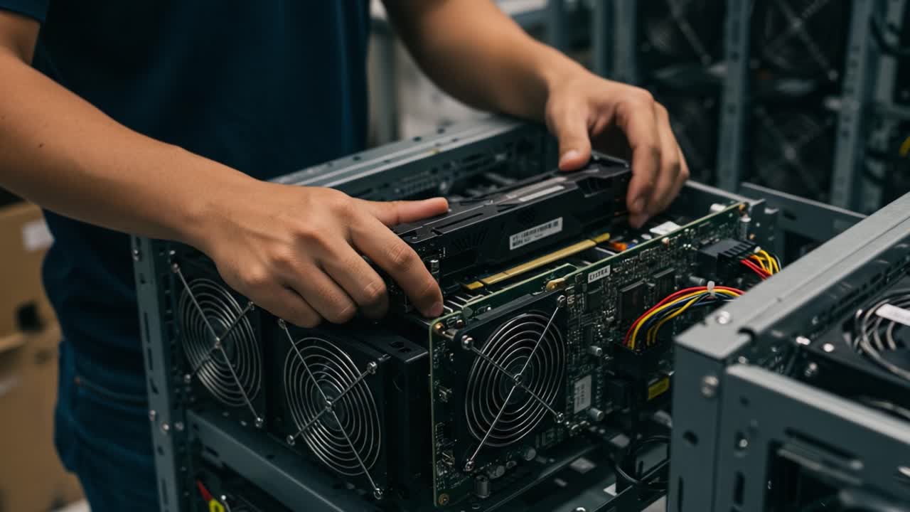 A technician carefully installs a graphics card into a mining rig, demonstrating precision and expertise in building a high-performance computer system for cryptocurrency mining