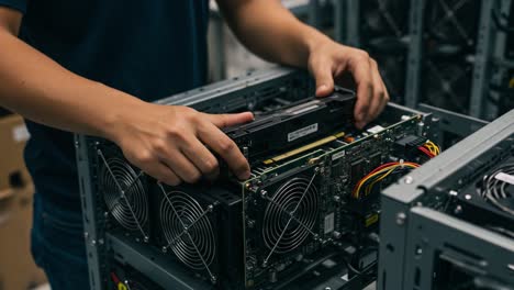 a technician carefully installs a graphics card into a mining rig, demonstrating precision and expertise in building a high-performance computer system for cryptocurrency mining