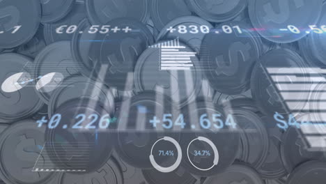 animation of financial data processing over american dollar silver coins