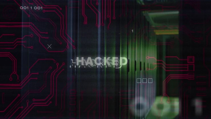 Animazione del testo "hacked" su elaborazione dati e sala server.