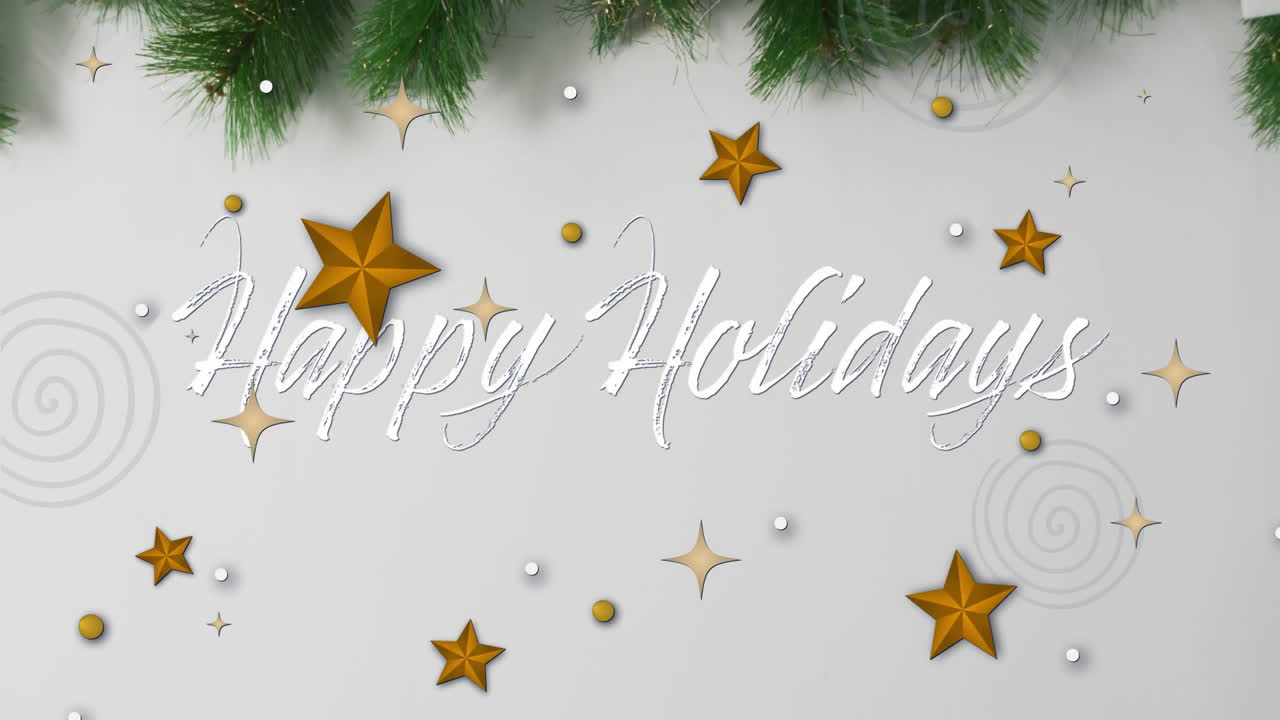 Animation of happy holidays text over stars on white background