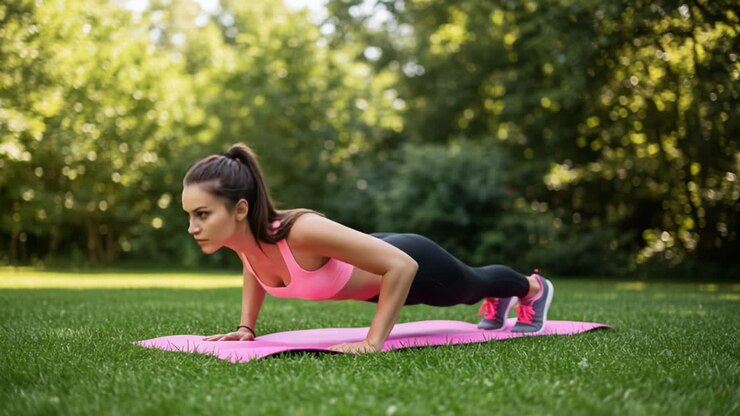 Woman doing a push-up or plank exercise outdoors on a yoga mat