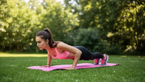 woman doing a push-up or plank exercise outdoors on a yoga mat
