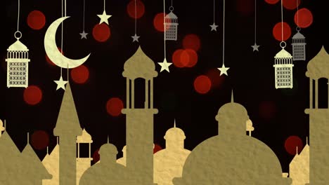 moon, stars and lamps hanging against multiple mosque icons and red spots with copy space