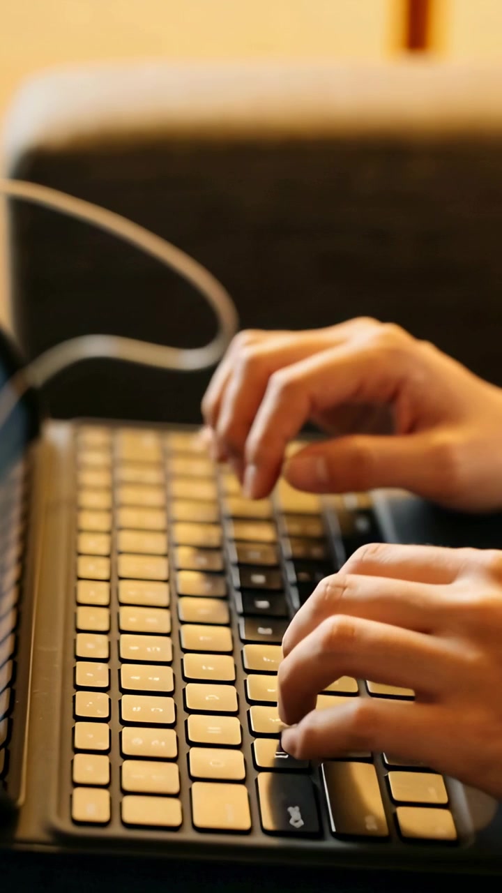Video verticale: Mani adulte che digitano su una tastiera accanto a un divano, vicino a uno schermo e un cavo, al lavoro.