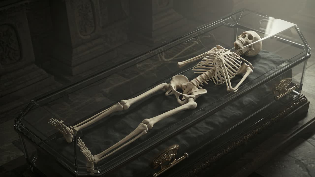 A Detailed Examination of a Skeleton in a Glass Coffin, Perfectly Preserved for Educational and Artistic Purposes, Highlighting Intricate Bone Structures and Historical Significance