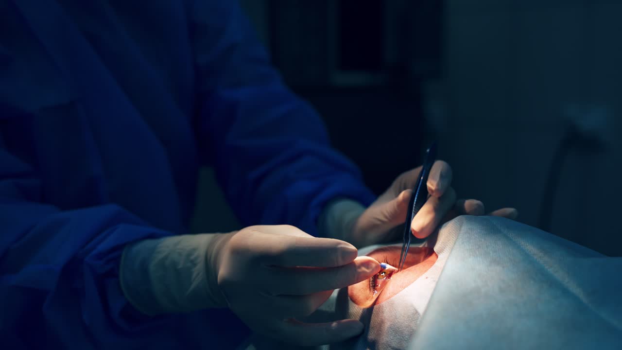 Patient under sterile cover. Patient in the operating room during ophthalmic surgery