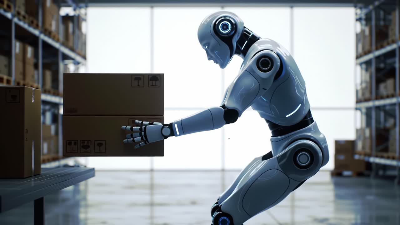 A Robust Robotic Assistant Efficiently Lifting and Positioning Boxes in a Modern Warehouse Environment, Showcasing Advanced Technology in Automation and Logistics Management