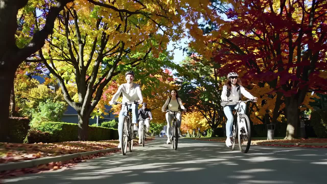 Low-angle video of friends cycling on a tree-lined street in autumn