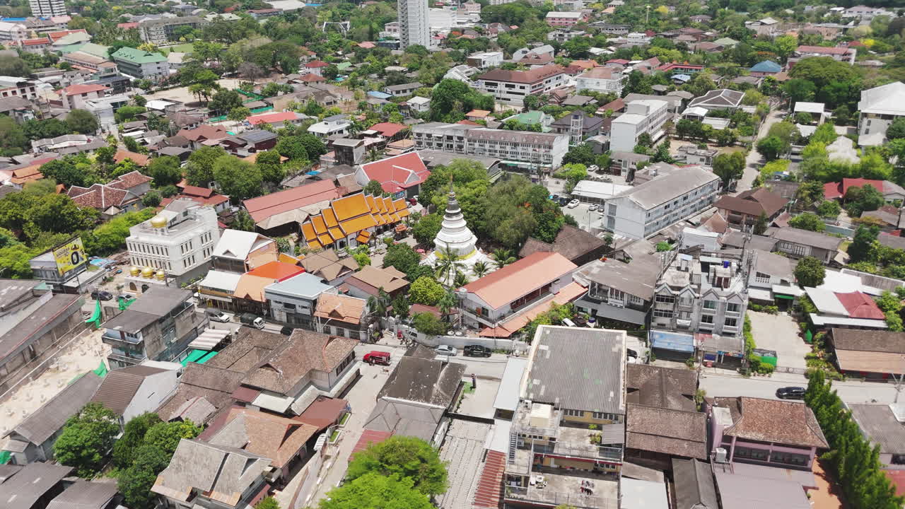 Panoramic Aerial View Of The White Pagoda Of Wat Ket Karam Temple In Chiangmai, Thailand. Aerial Drone Shot
