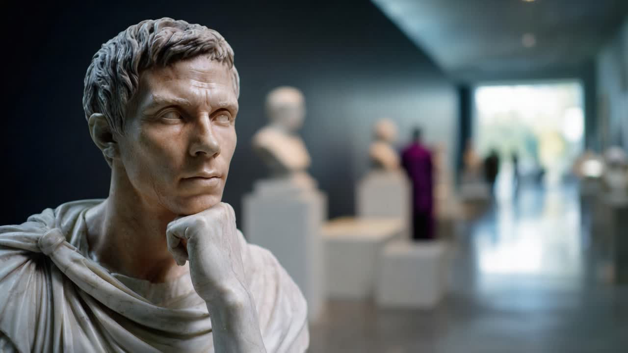 Una scultura che invita alla riflessione in una galleria moderna: Esaminando l'espressione di un busto classico circondato da altre statue in uno spazio d'arte contemporanea
