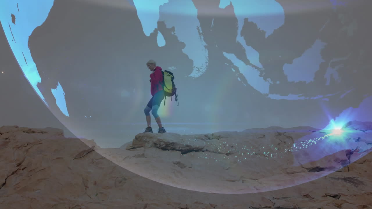 Female hiker balancing on rocky ridge in tech demo, featuring floating digital globe overlay