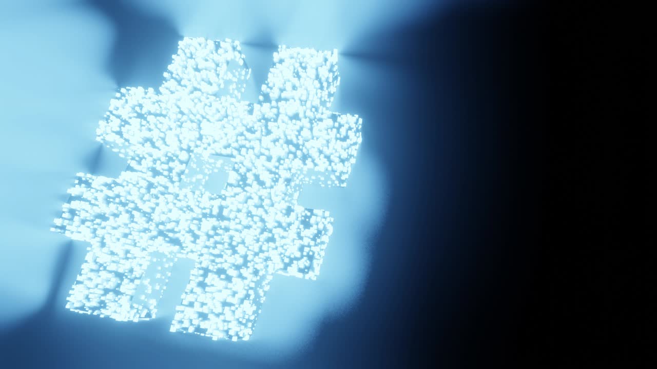 해시태그 표지판과 기호 빛나는 미래의 입자 3d 렌더링 큐브 다각형 패턴, 소셜 네트워크, 인터넷 연결 기술, 검은 바탕에 개념 디자인, 복사 공간과 함께 4k 애니메이션