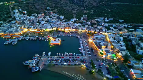 aerial view of port of elounda at sunset in eastern crete, crete, greece, europe