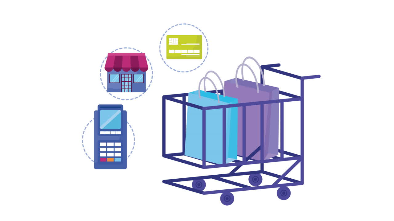 animación de comercio en línea con carrito de compras e iconos