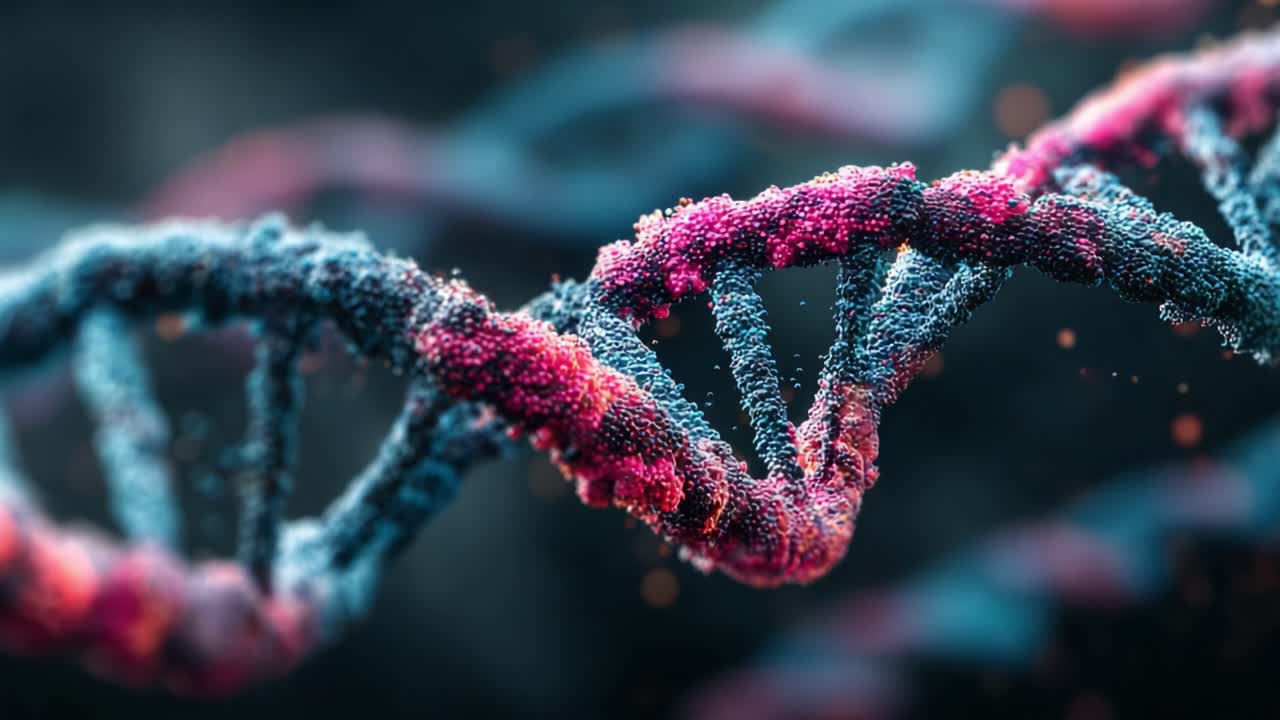 Una visualizzazione mozzafiato dell'elica del DNA, che mette in mostra la struttura intricata e la colorazione del materiale genetico in un universo pulsante di informazioni biologiche