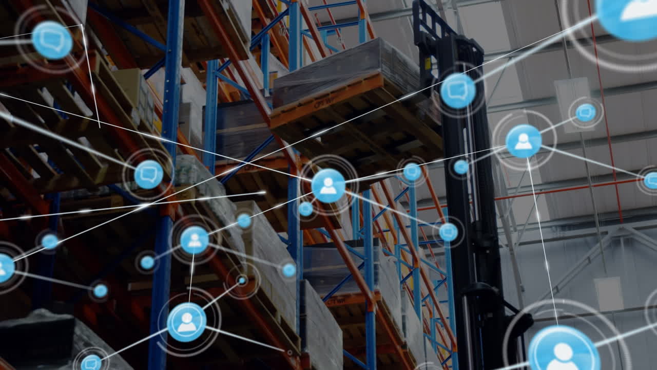 animación de la red de conexiones con iconos sobre el almacén