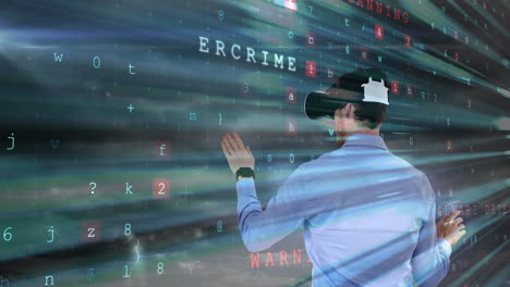 uso de auriculares de realidad virtual, persona que interactúa con datos y números de cibercrimen
