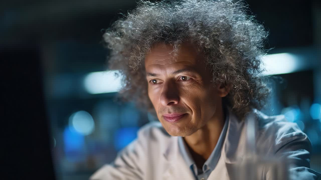 Fokuseret videnskabsmand analyserer data på computerskærm i svagt oplyst laboratoriemiljø, hvilket afspejler engagement i forskning og opdagelse gennem teknologi