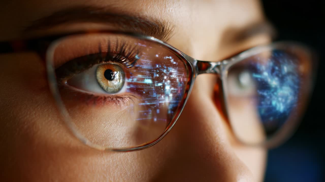 A close-up view of a focused individual wearing glasses, showcasing intense concentration as digital reflections swirl across the lenses, highlighting the blend of technology and human perception in a captivating visual narrative