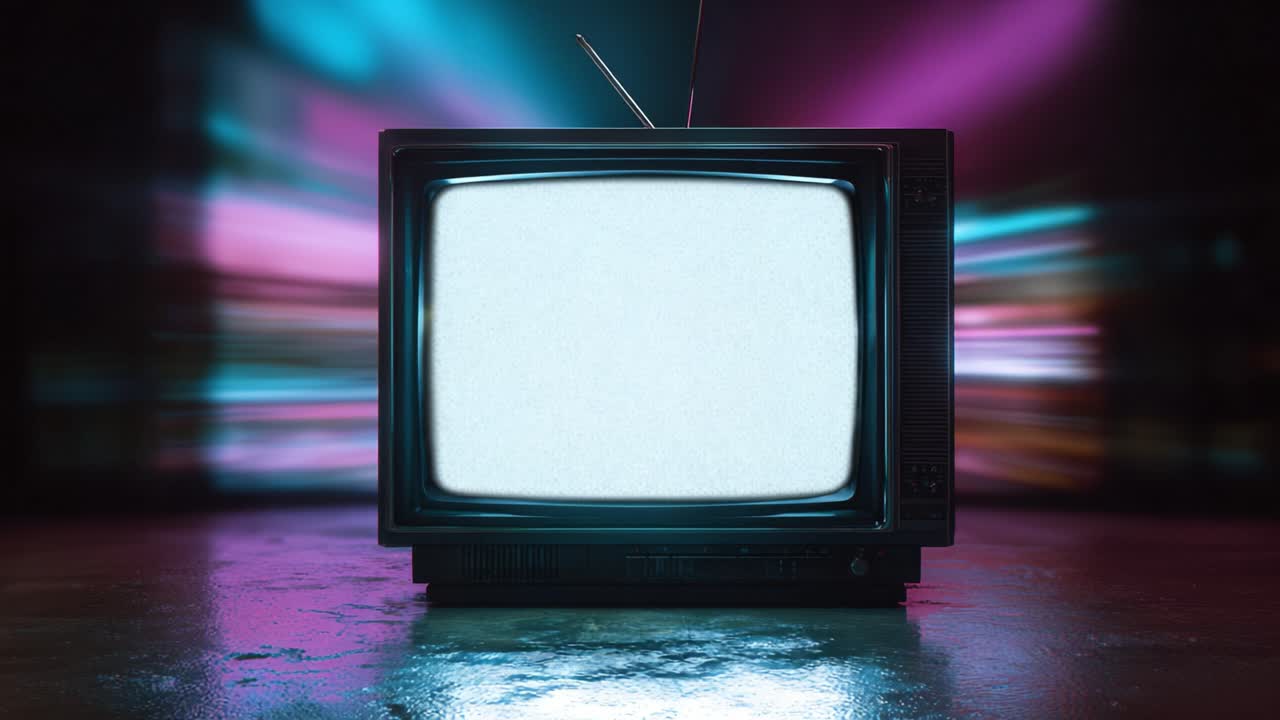 Uno schermo TV vintage che passa da un contenuto visivo dinamico a rumore statico, con luci di sfondo vivaci e colorate che illuminano la scena.