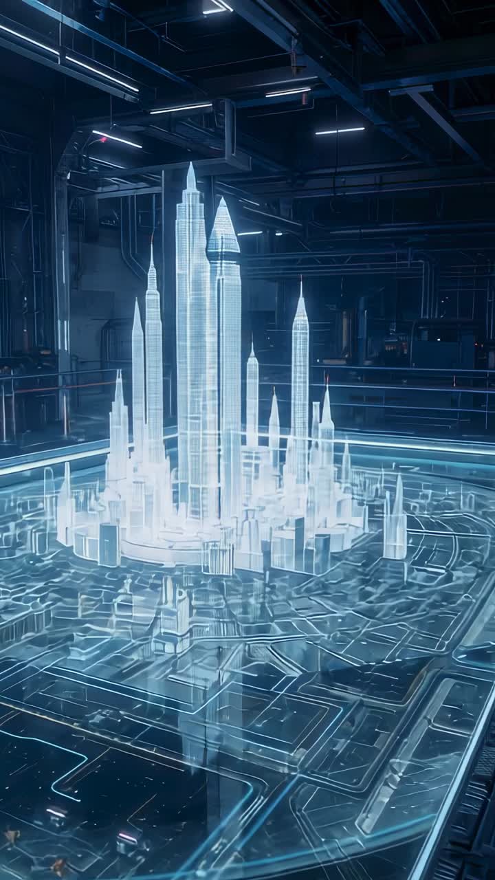 Vertical video: Powering system, hologram city refining on control map table for display with beam