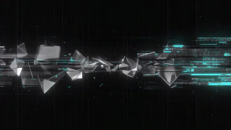 Forme geometriche frantumate con effetto glitch su sfondo scuro