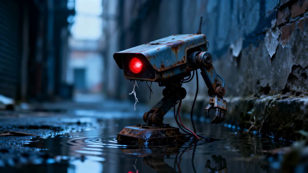 Detectando alteraciones en el agua, un robot oxidado inclina una garra que provoca chispas en cables deshilachados mientras explora ondulaciones en un callejón.