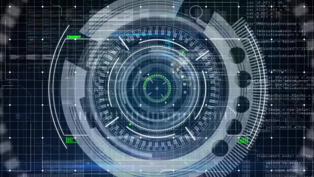 Animation of circle abstract pattern over radar, globe, graphs, programming language, dna helix