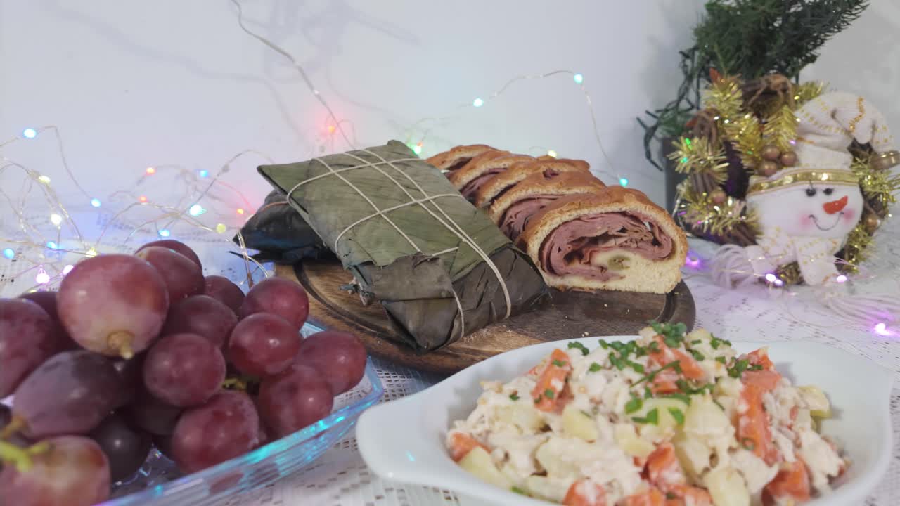 Close up traditional Venezuelan Christmas food plate with a pan jamon