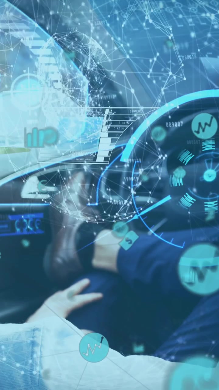 Animazione di interfaccia e display informativi con uomo con visore VR che utilizza auto a guida autonoma
