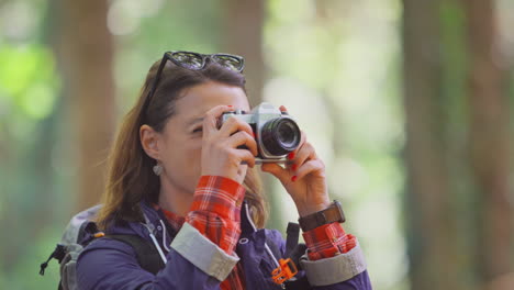 woman on hike through forest taking photo on dslr camera