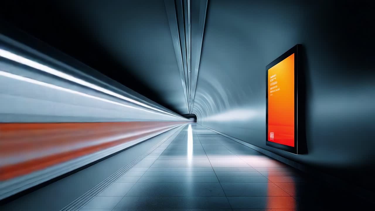 A dynamic perspective of an illuminated subway tunnel, featuring vibrant color and motion blurring, showcasing the energy and depth of urban transportation infrastructure