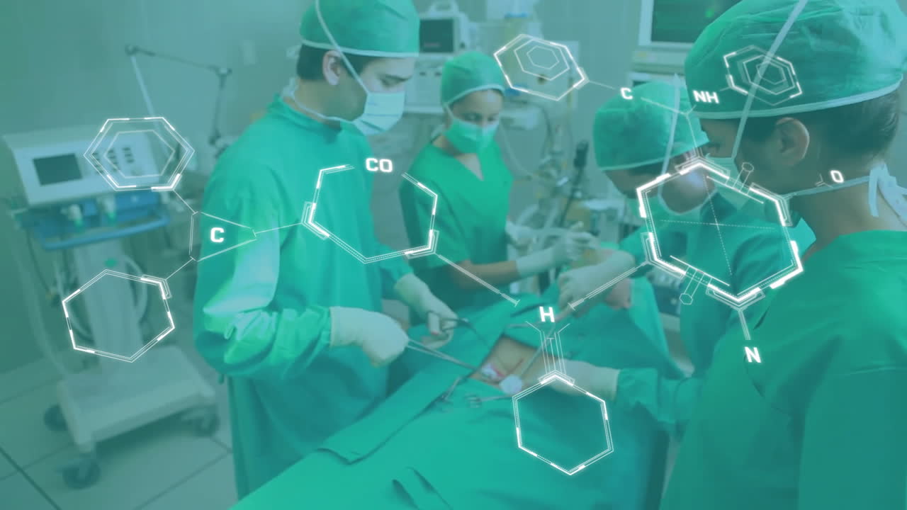 Animation of chemical formula over diverse surgeons during operation