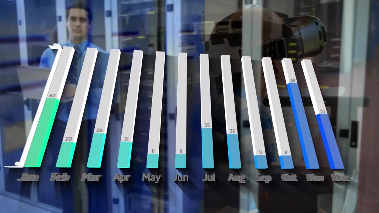 animación de gráfico sobre empresario biracial en la oficina y niño usando auriculares vr