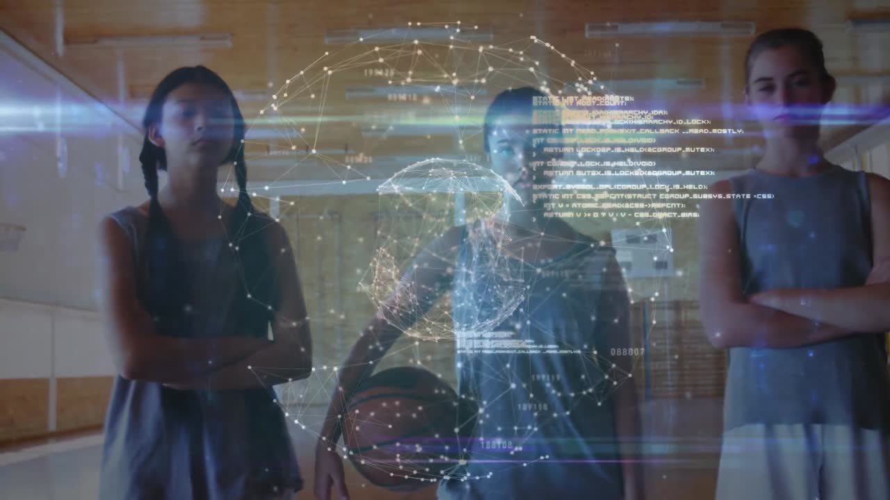 Animation of globe with connections over diverse teenage basketball team