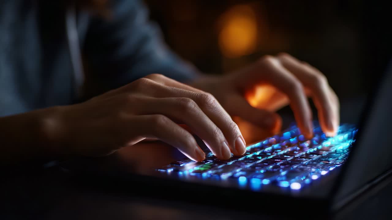 Illuminated Keyboard: A Close-Up of Hands Typing on a Vibrant, Backlit Laptop Keyboard, Capturing the Intricate Details of the Keypad in a Softly Lit Environment, Symbolizing Creativity and Digital Interaction