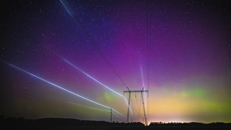 Electricity-visualization-on-electric-wires-with-northern-lights-background---Time-lapse