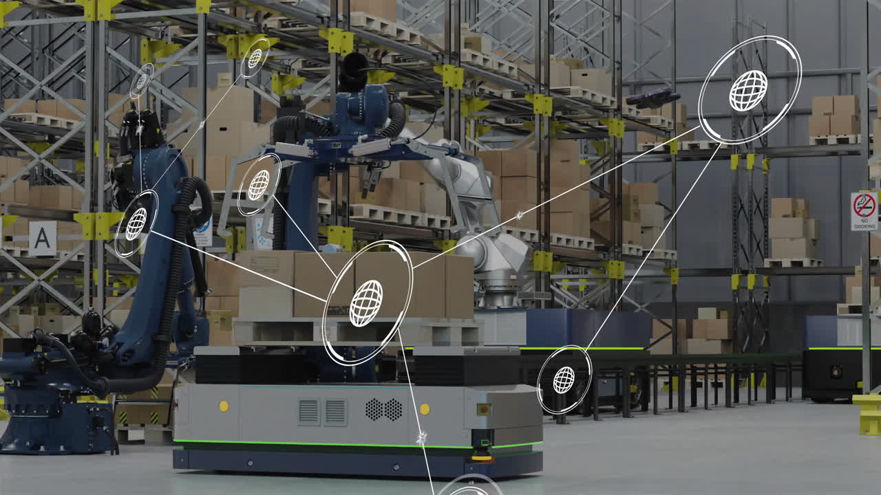 Animation of network of connections with icons over machines working in warehouse