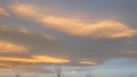 full moon about to set provides nice backdrop to golden-colored clouds at sunrise - canterbury, new zealand