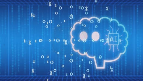 animation of ai data processing over binary coding on blue background