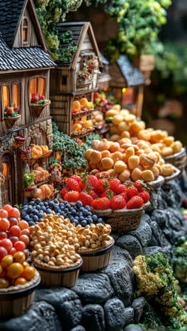 beautifully arranged market display with colorful fruits and vegetables